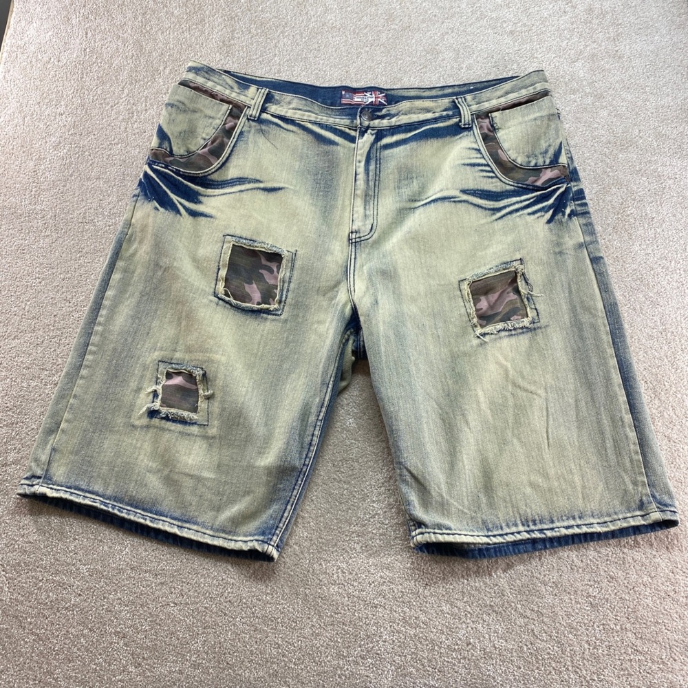 Vintage & Denim Jean Shorts Mens 50 Blue‎ Camo Distressed GS-115 Baggy Jorts